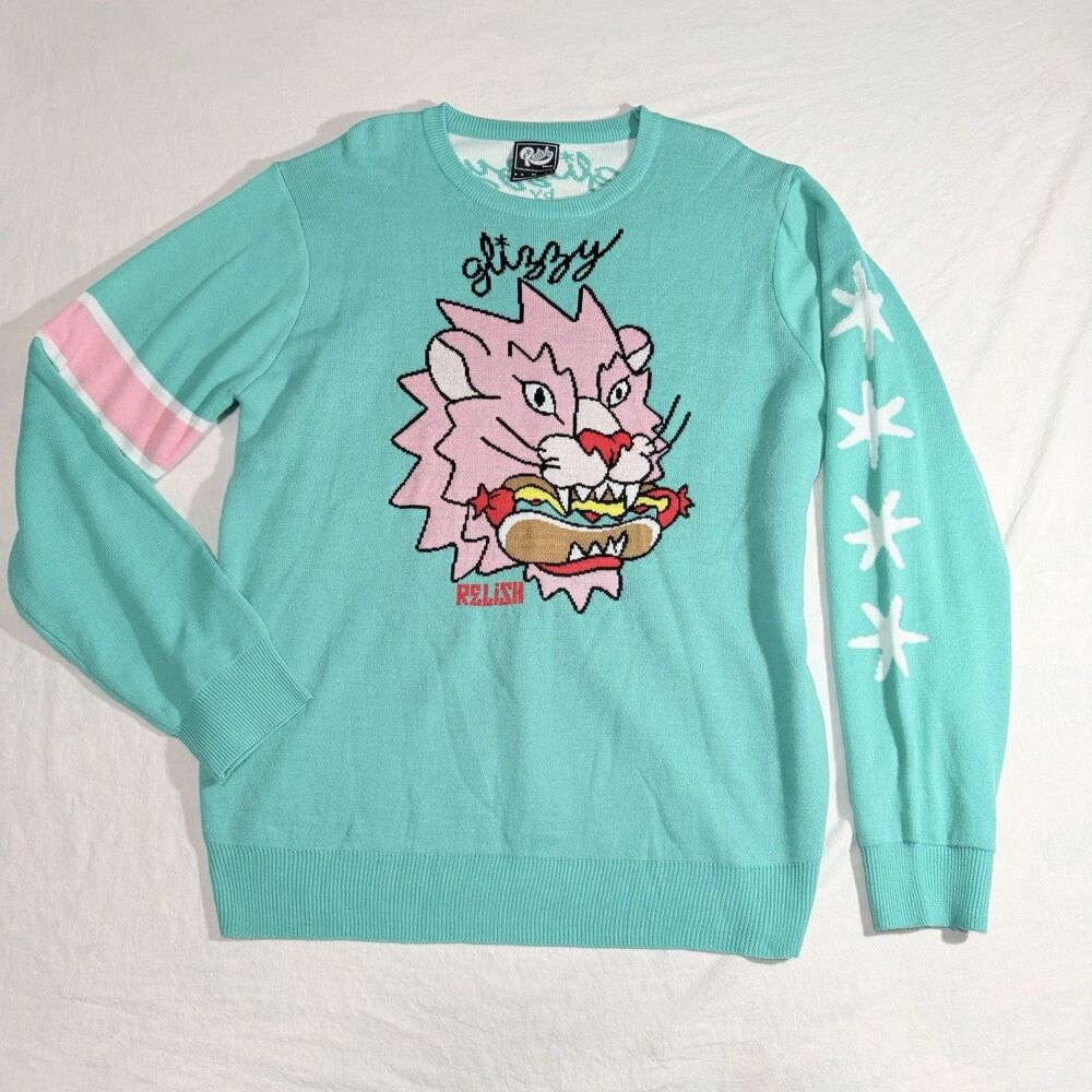 Relish Brand Chicago Style Glizzy & Art Lion Crewneck Sweater Teal Size XLarge